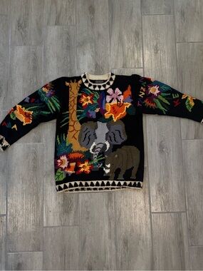 Vintage Berek Hand Knit Tanzania Safari Sweater Elephant Floral Pima Cotton M